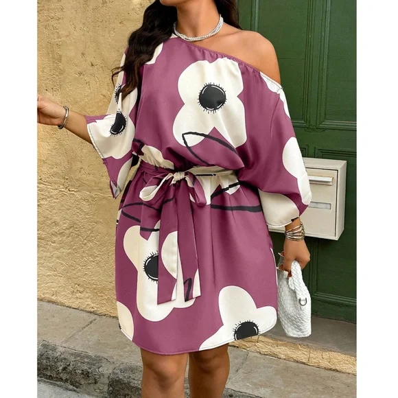 Plus Tropical Print One Shoulder Belted Batwing Sleeve Dress - Picture 3 of 9